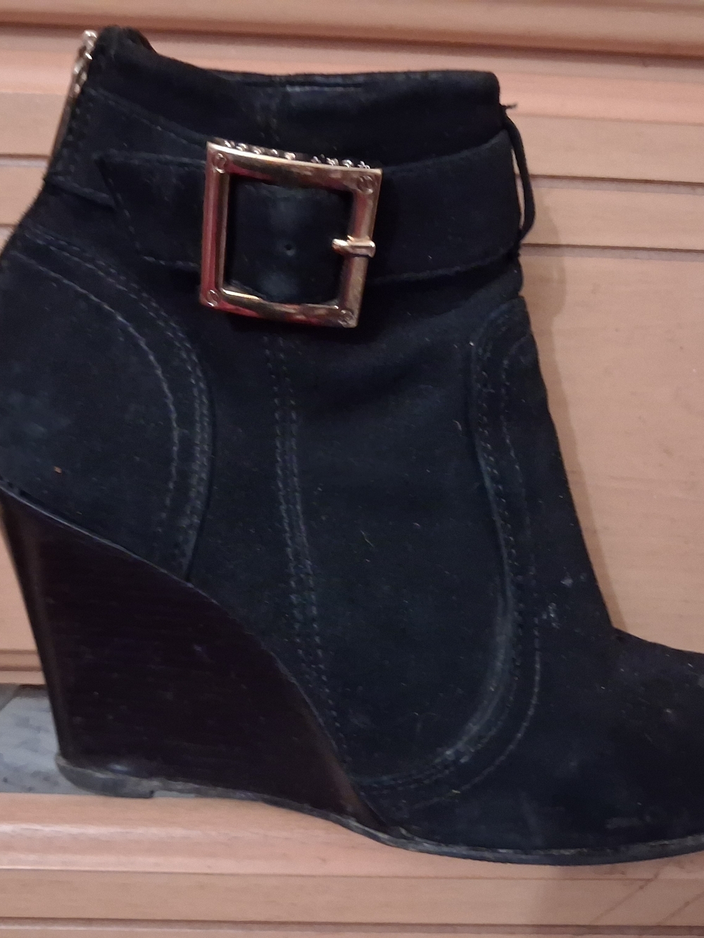 Women’s Black Suede Wedge Ankle Boot with Gold Buckle